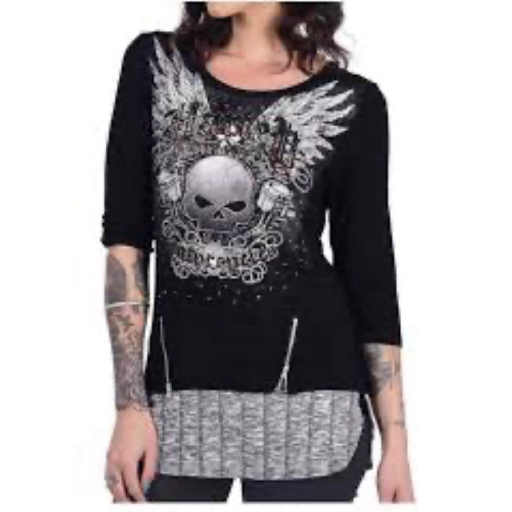 HARLEY DAVIDSON Shirt Rhinestone Bling Skull 3/4 Sleeve Layered looking Top S‎